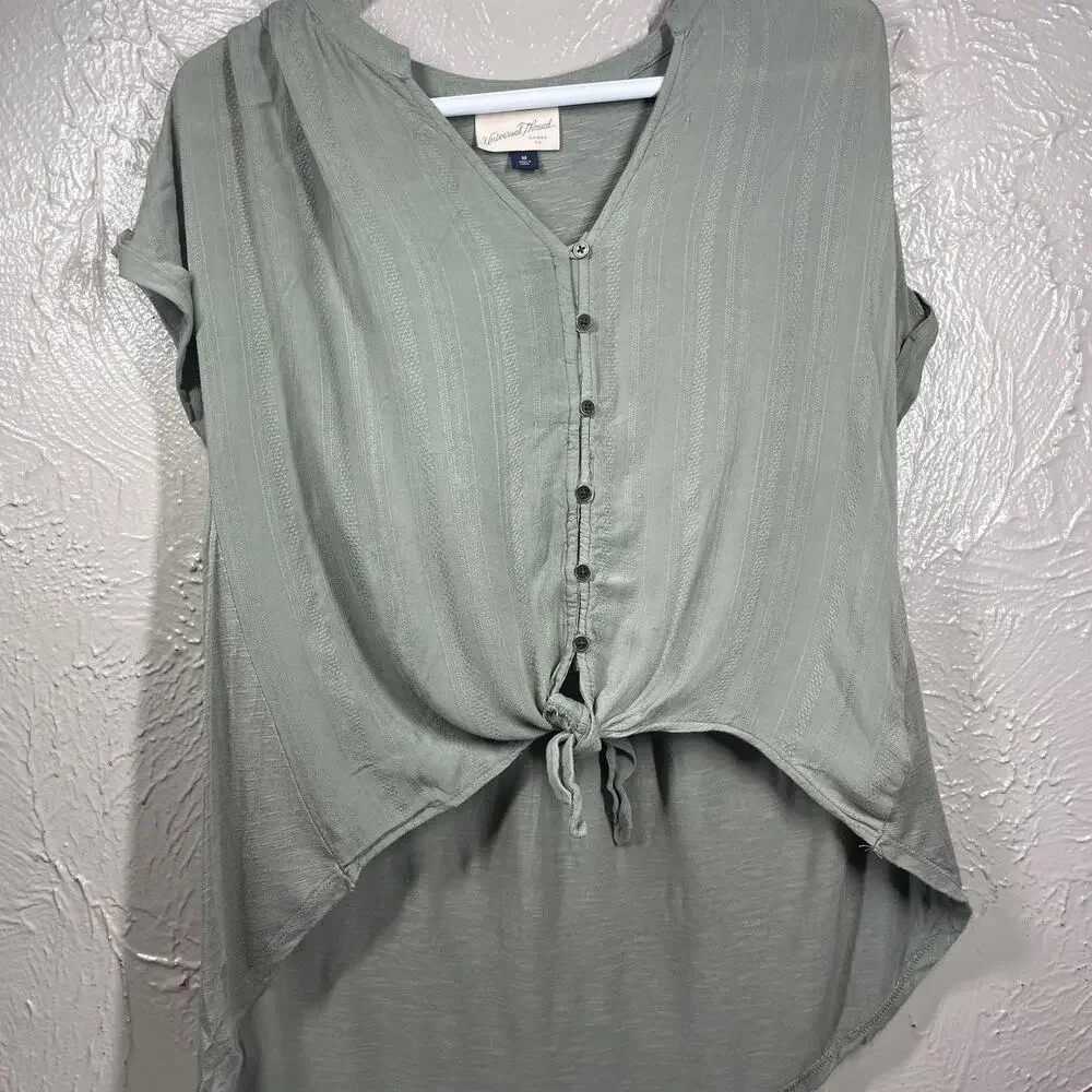 Universal Thread Goods Top Womens Green Button Up Tie Waist High Low size medium